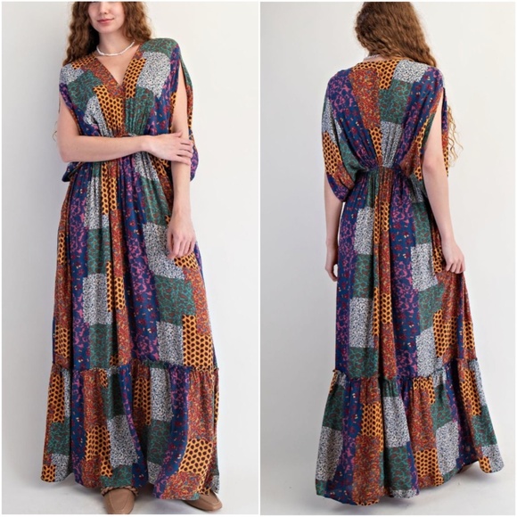 Easel Multicolor Floral Print Patchwork V neck Kimono Sleeve Maxi dress - Picture 2 of 3